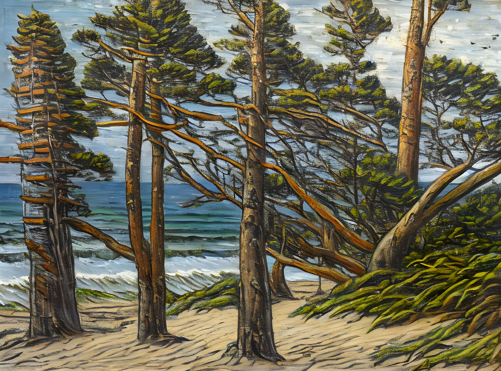 Sandy shore with tall pine trees and blue sea landscape