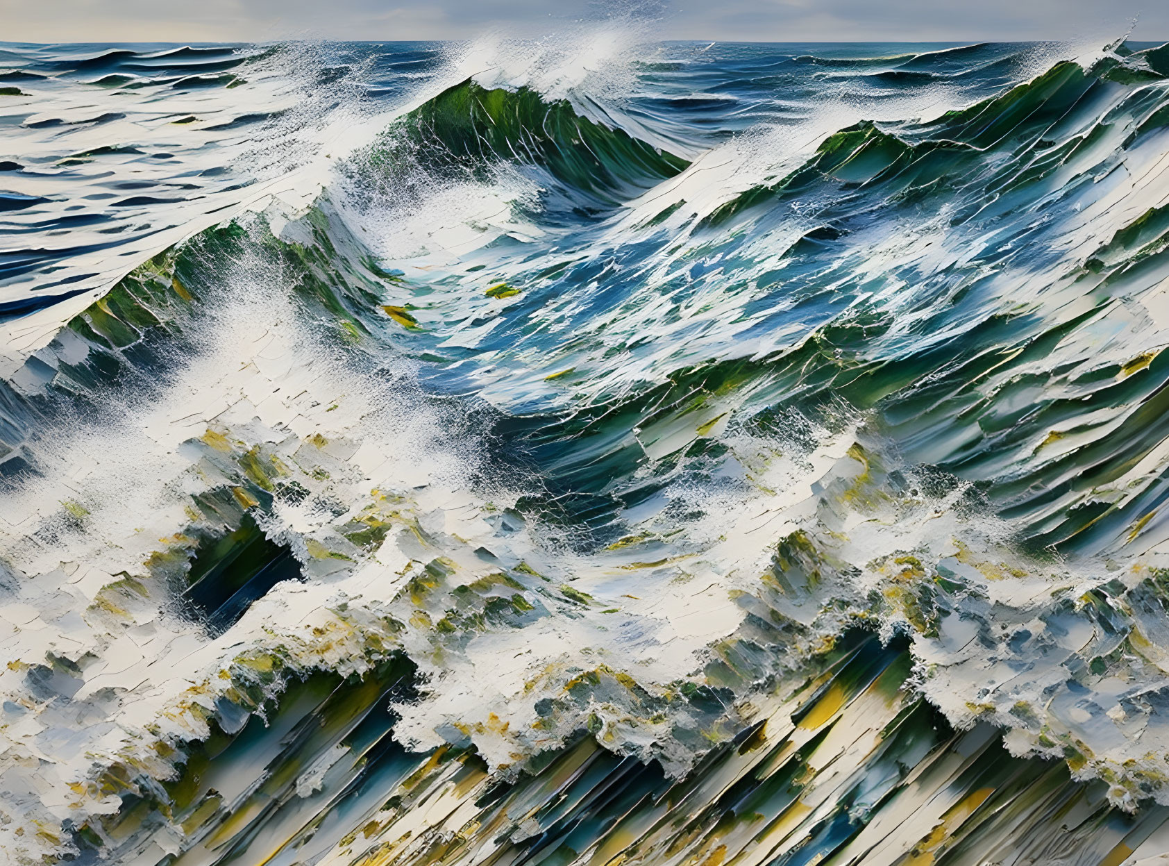 Powerful Ocean Waves with Frothy Whitecaps in Green and Blue