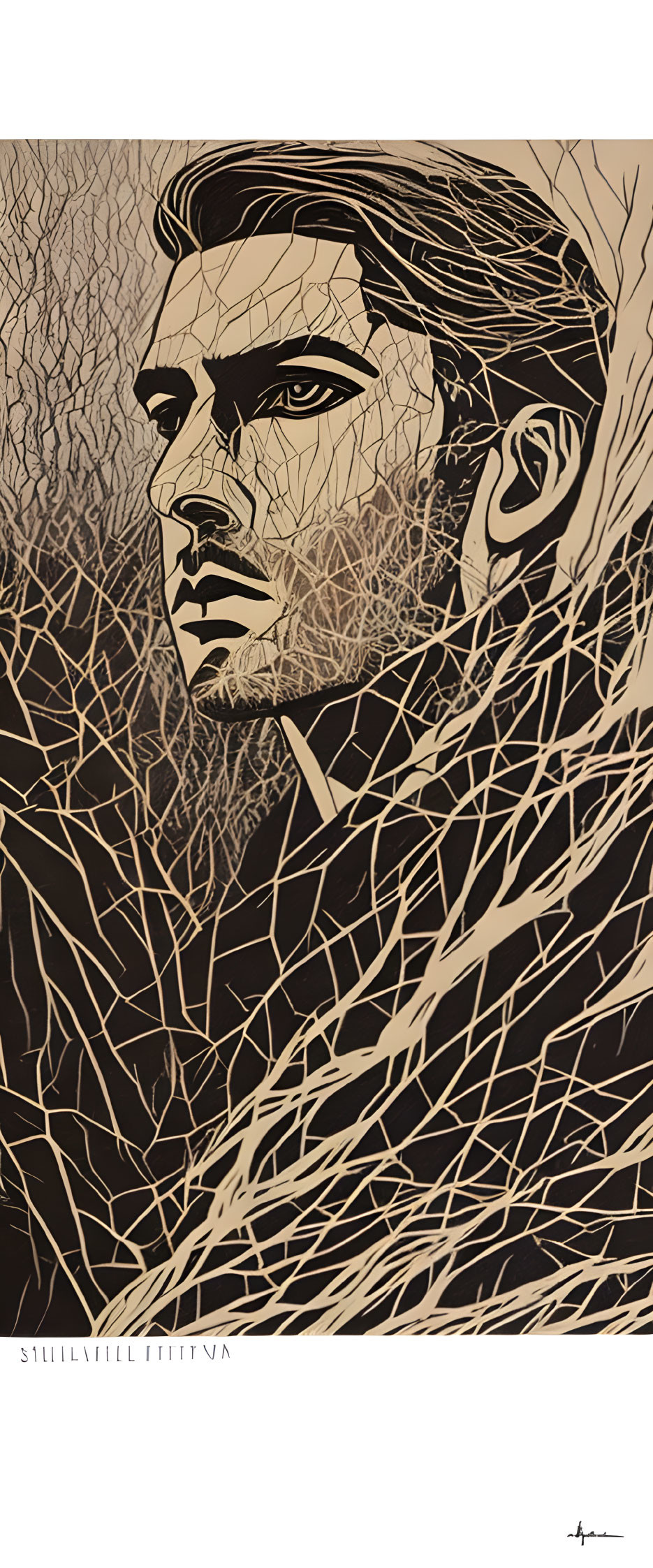 Detailed portrait with intricate web-like lines in sepia tone