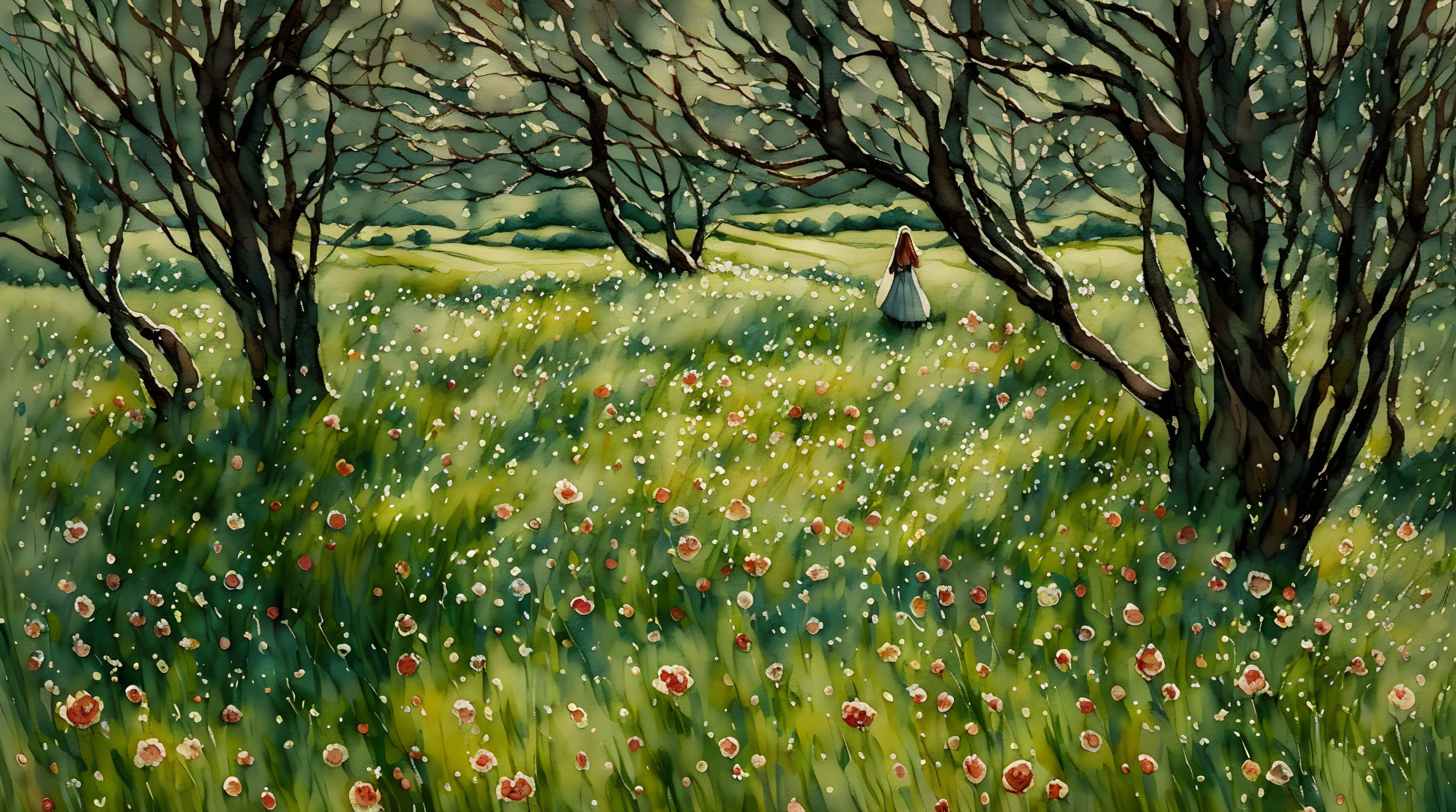 Solitary figure in lush meadow with flowers and leafless trees