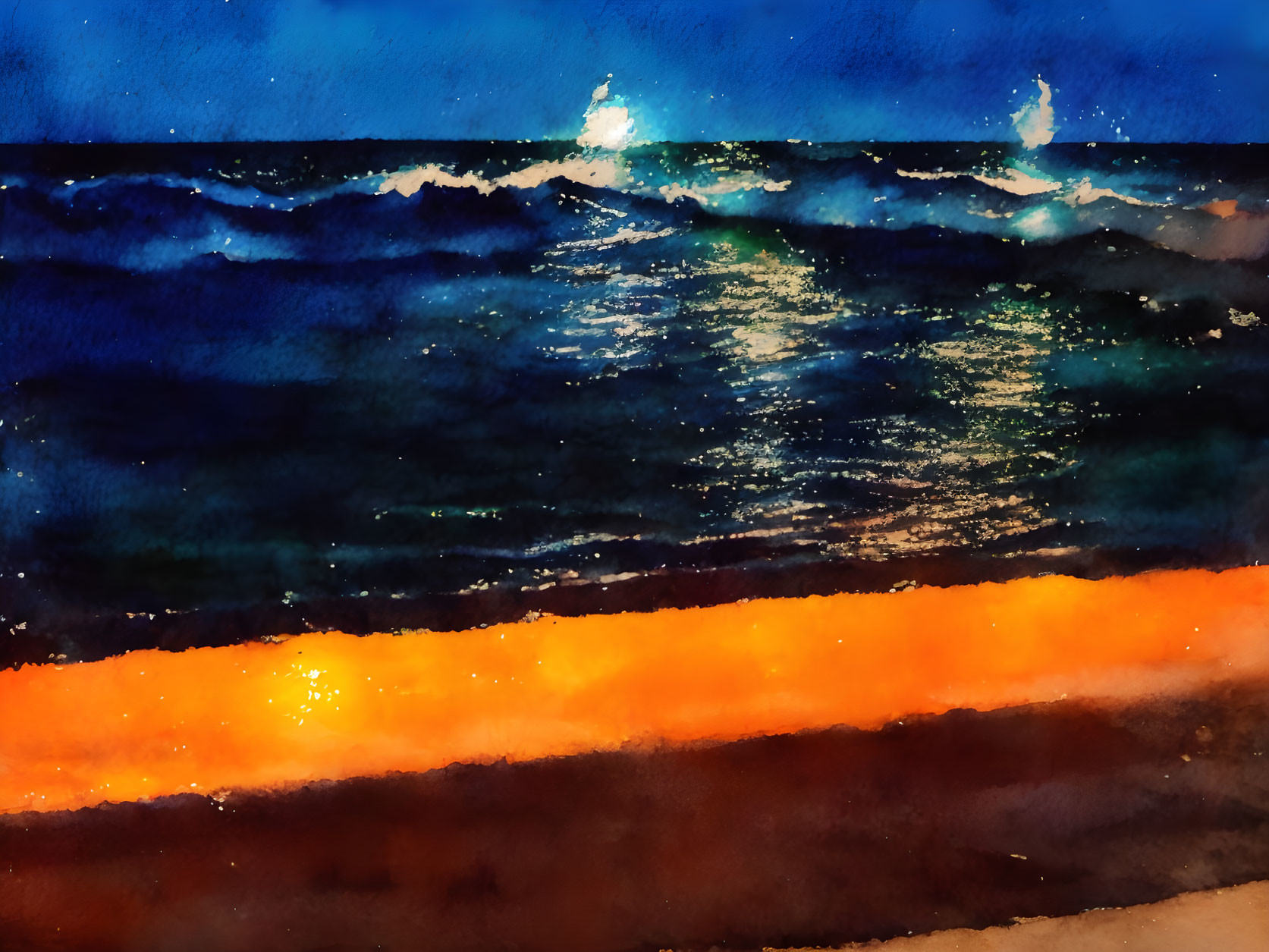 Vibrant Watercolor Painting: Ocean Horizon with Waves and Sandy Beach