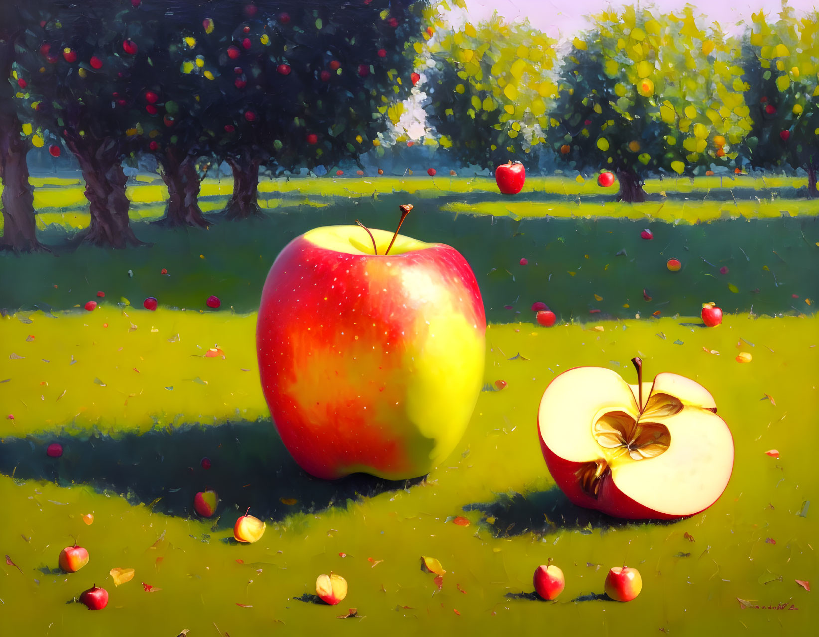 Colorful painting: Giant apple, butterfly on half, smaller apples in sunlit field