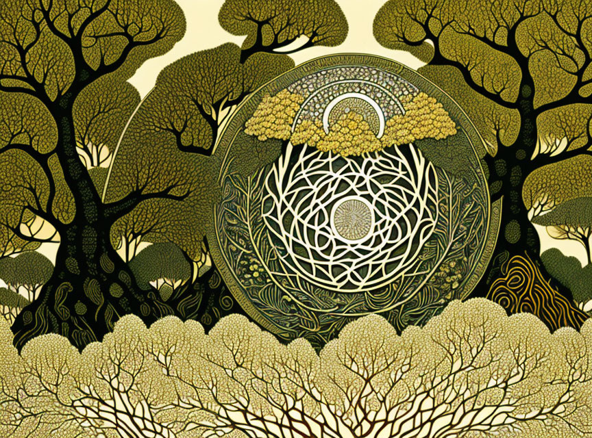 Golden tree-framed mandala with crescent moon on olive background