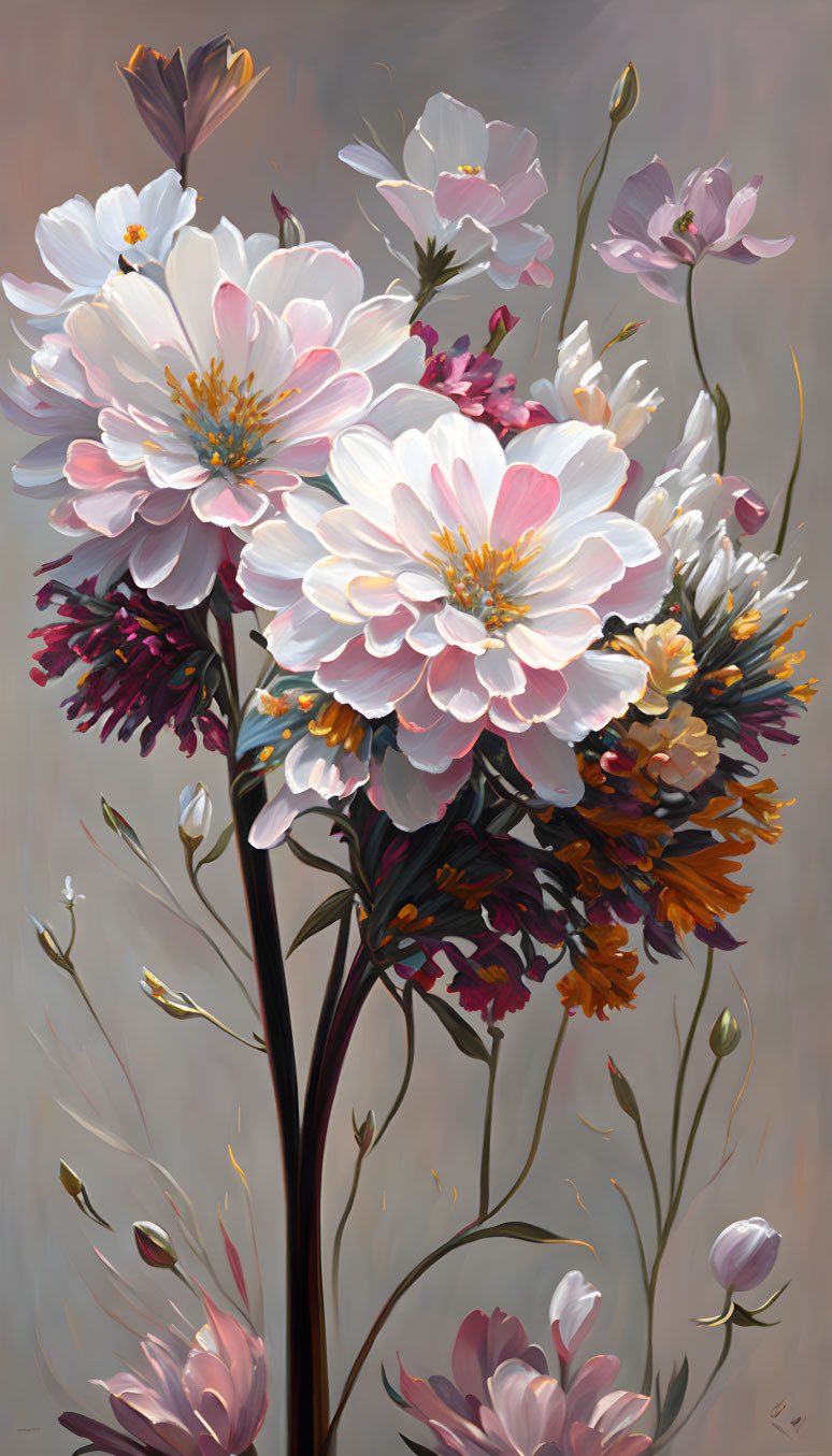 Vibrant bouquet of flowers with white center and pink, purple, and orange blooms on muted background