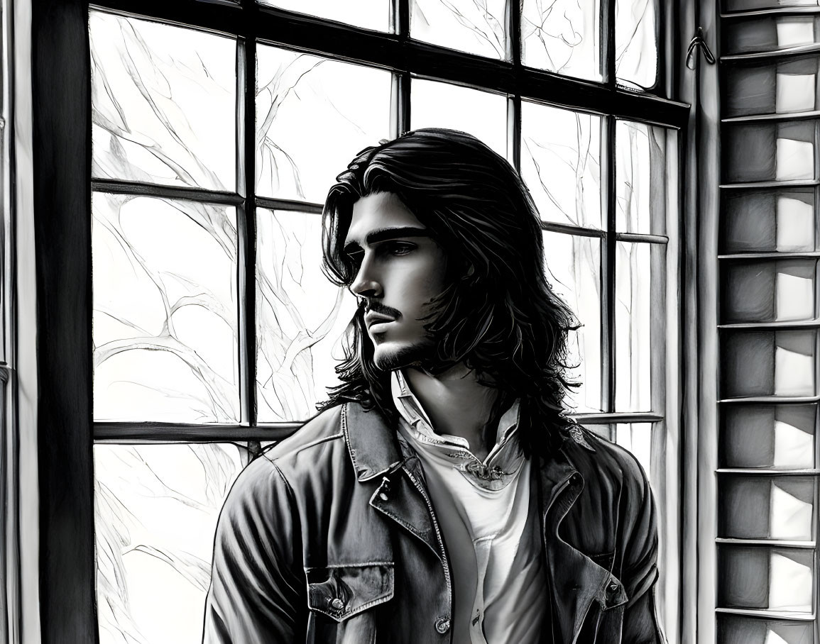 Monochrome illustration of pensive man by paneled window