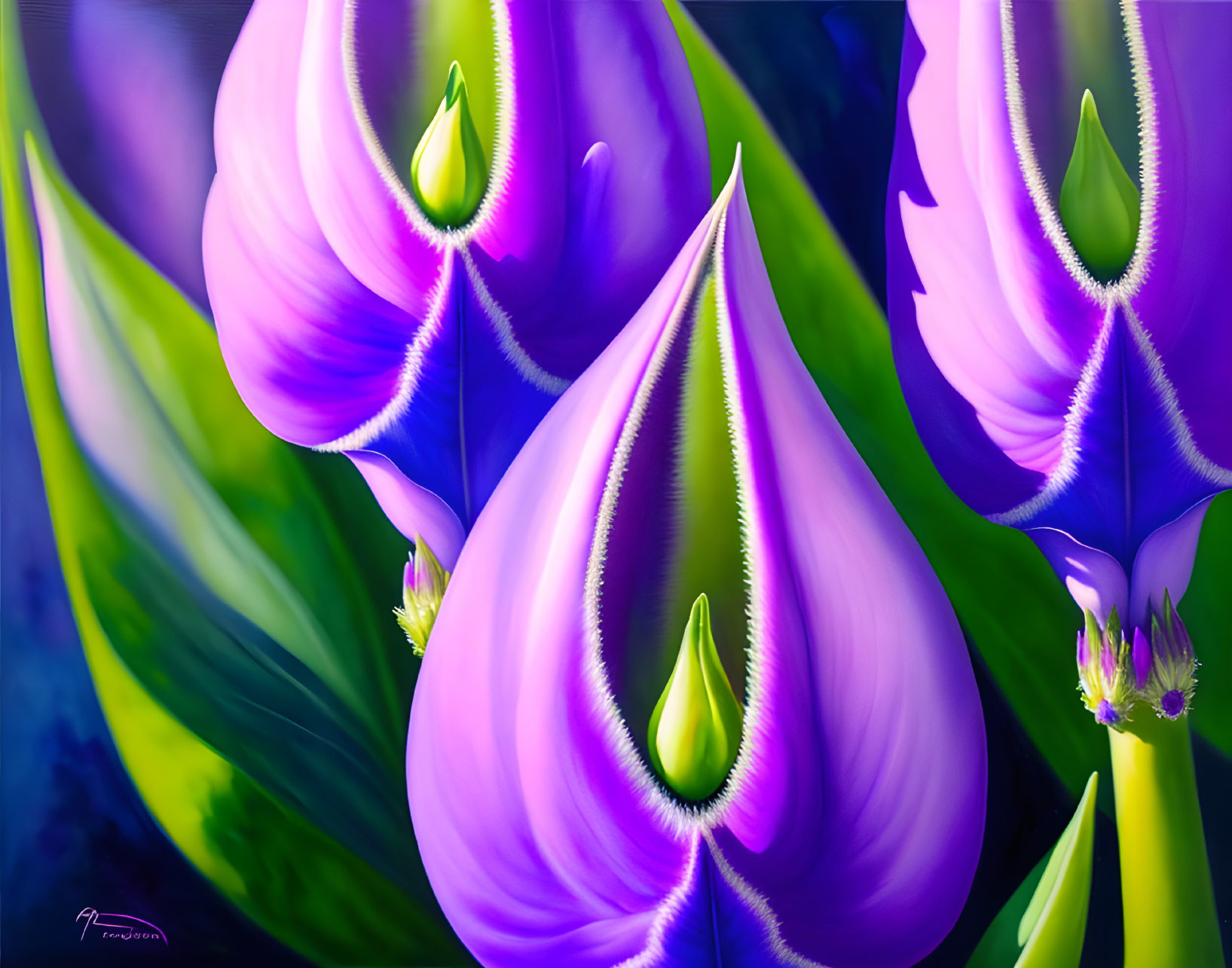 Stylized purple tulips with water droplets on vibrant blue background