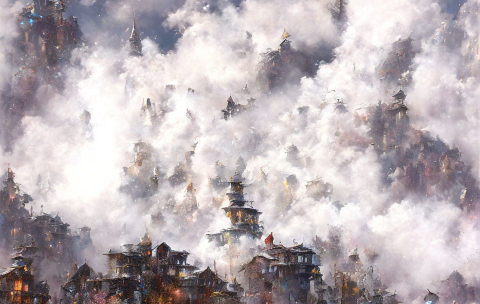 Mystical Cityscape with Ornate Buildings and Clouds