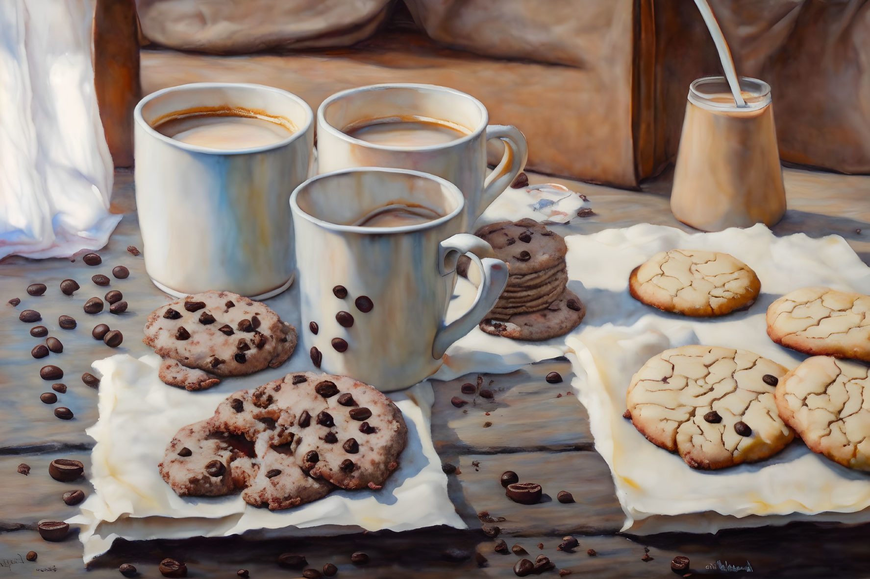 Realistic still-life artwork: three coffee cups, cookies, and beans