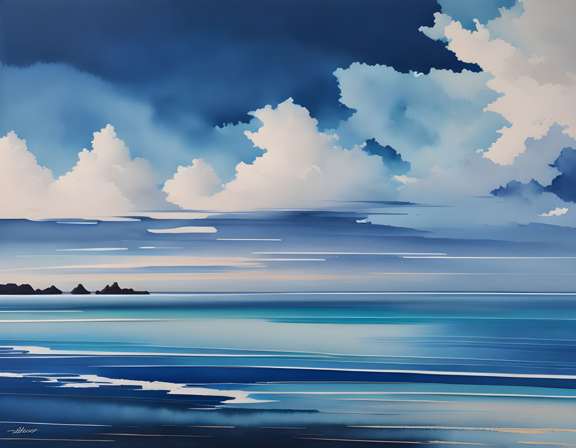 Abstract seascape painting with blue and white layers depicting sky, clouds, calm sea, land, and