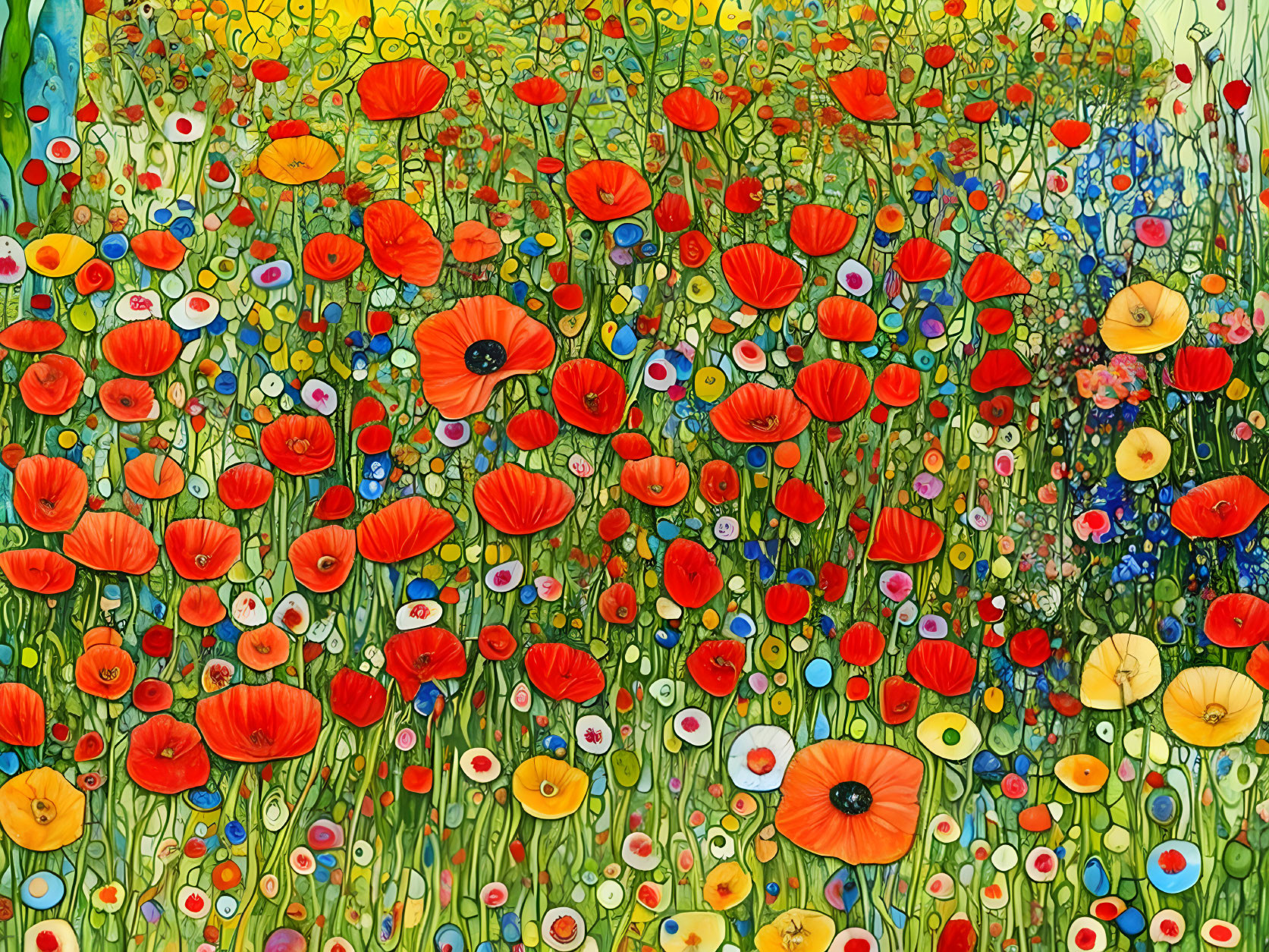 Colorful Flower Meadow Painting with Red Poppies