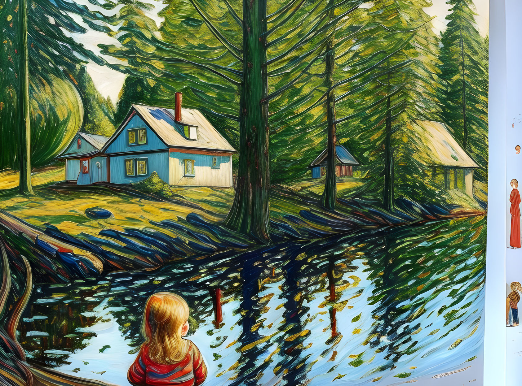 Blonde child admires lakeside scene with blue house and green trees