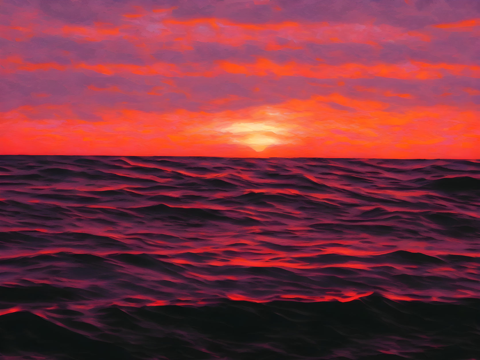 Vibrant pink and red sunset over dark ocean waters