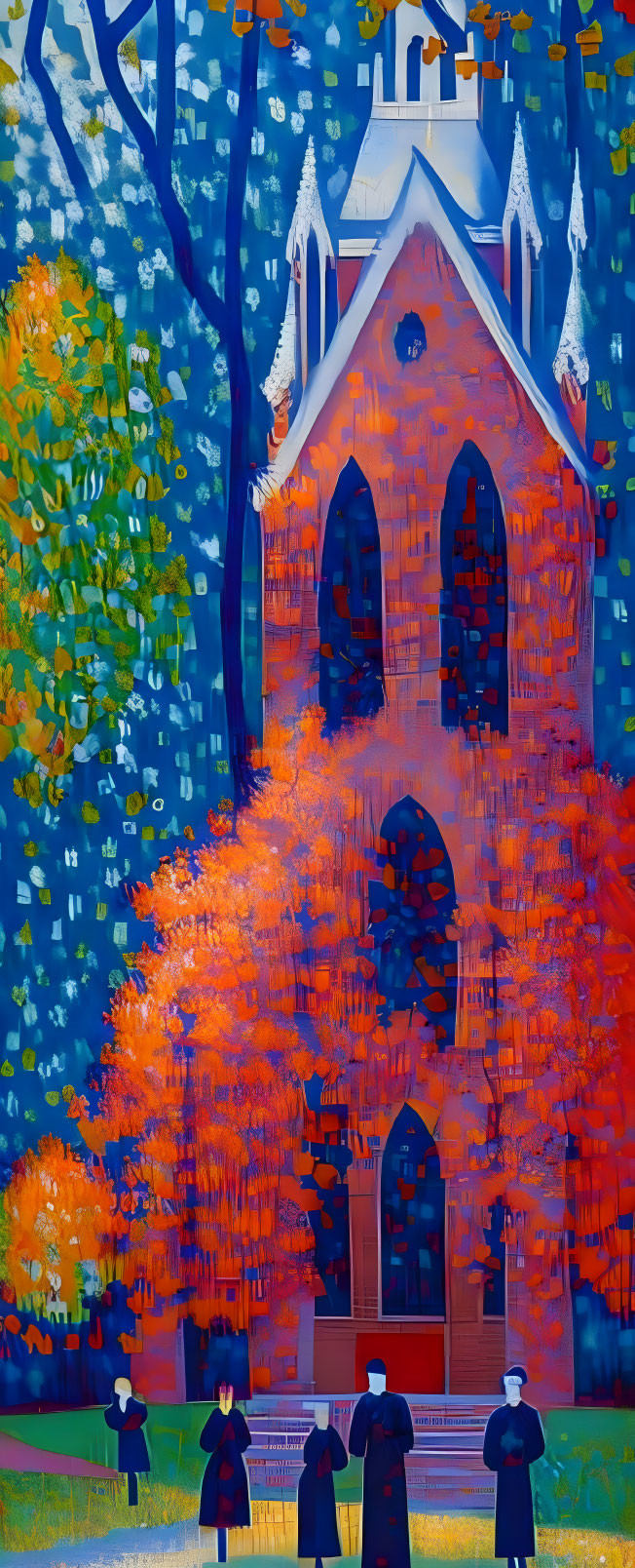 Autumn church painting with orange foliage and figures in black.