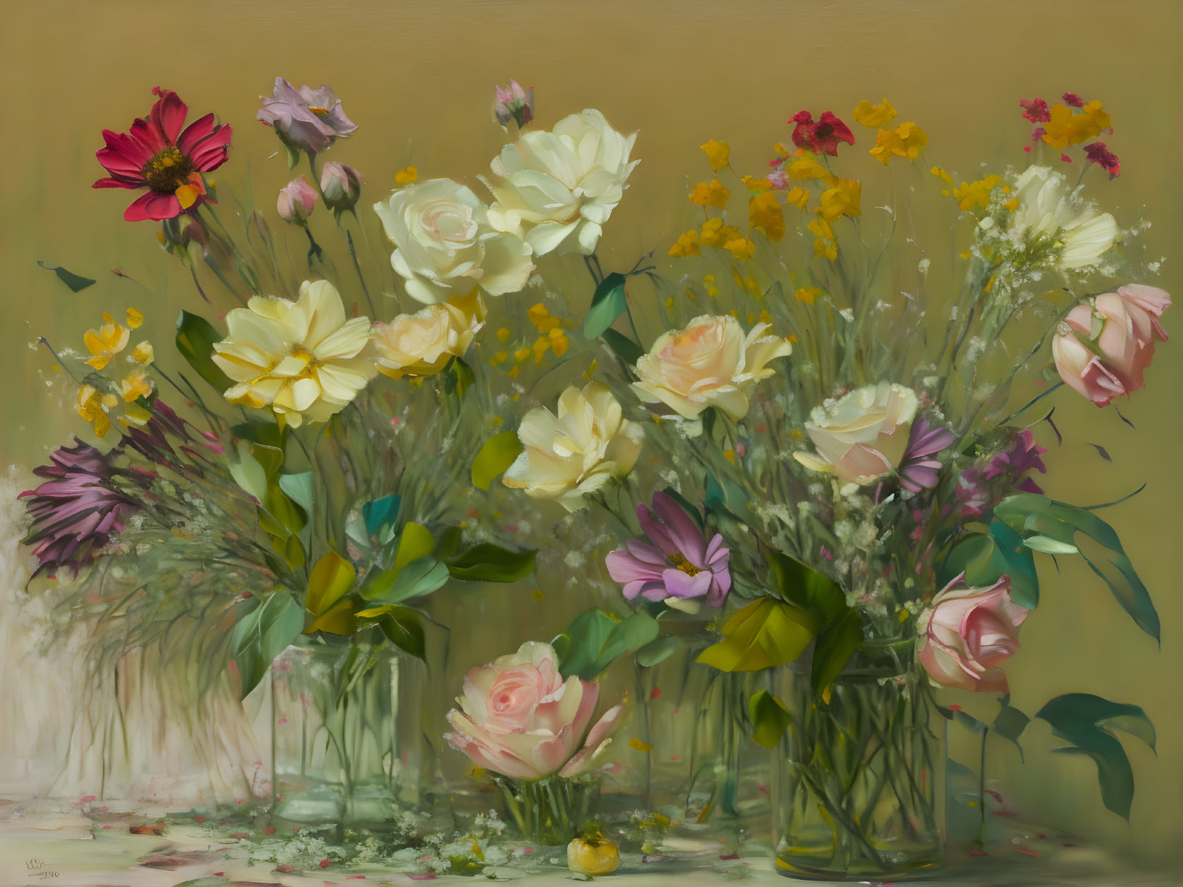 Colorful flowers in glass vases on table against warm backdrop