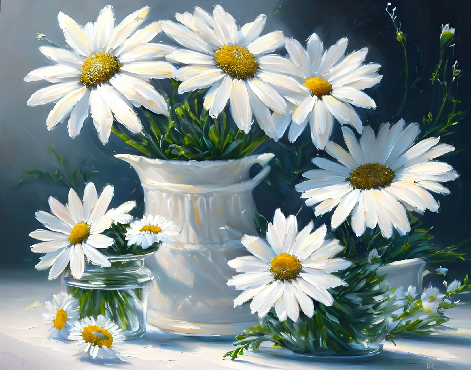 White Daisies in Vase and Jar: Softly Lit Floral Painting