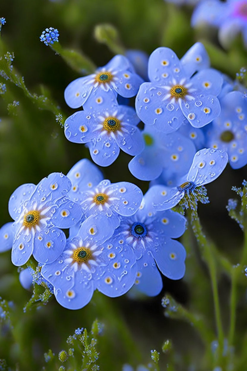 Vibrant blue flowers with dewdrops on petals in green foliage