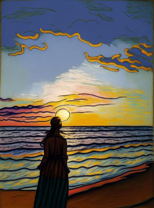 Woman admiring vibrant sunset over sea with stylized waves and whimsical clouds