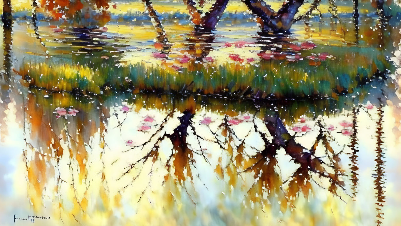 Trees Reflected in Water: Impressionistic Painting with Vivid Light and Color