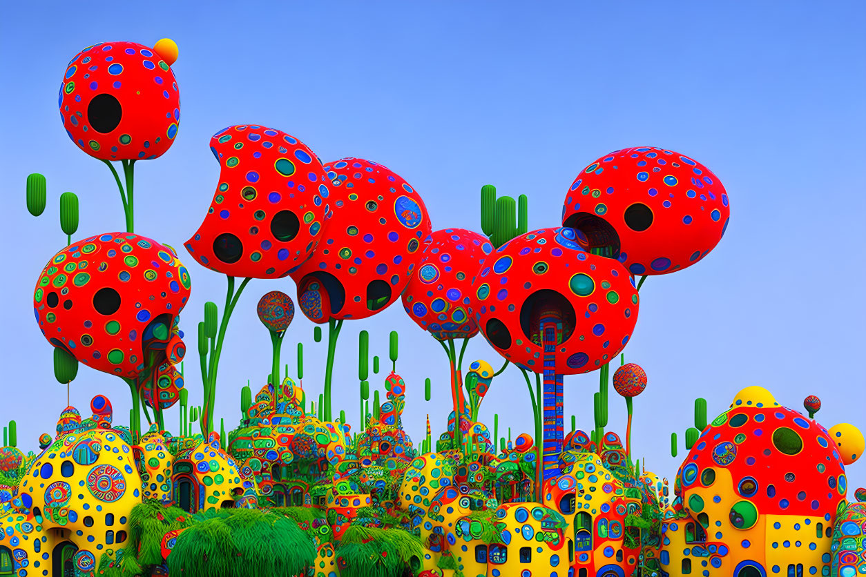 Colorful digital artwork of whimsical mushrooms and dotted plants