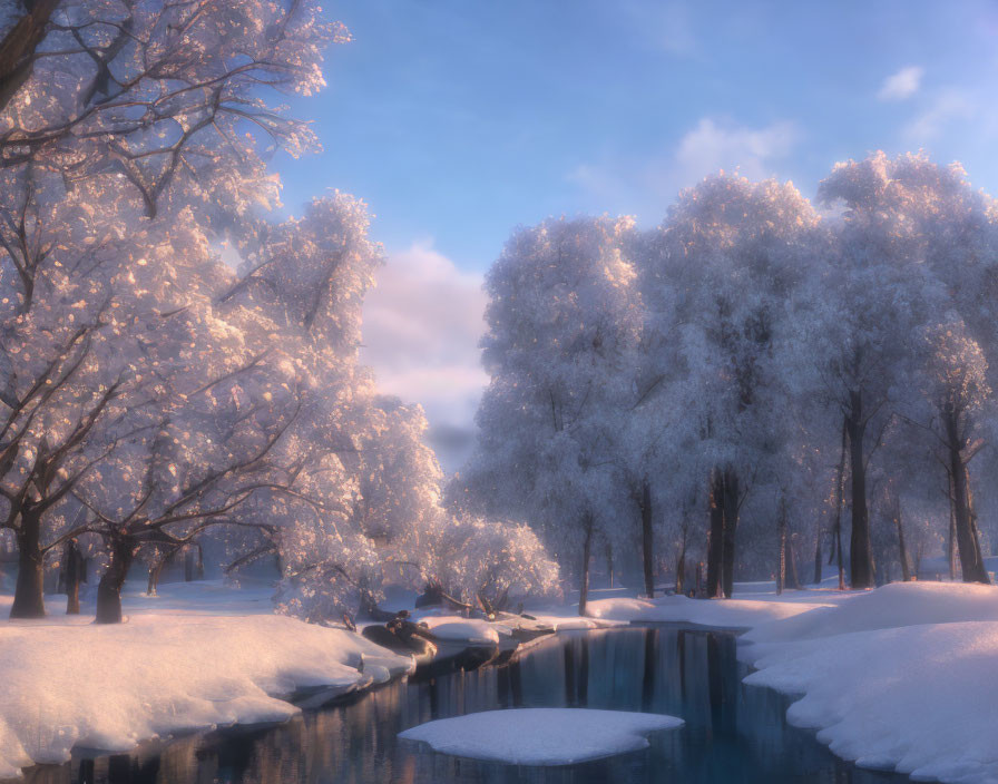 Snowy Landscape: Frost-Covered Trees, Serene River, Soft Sunrise