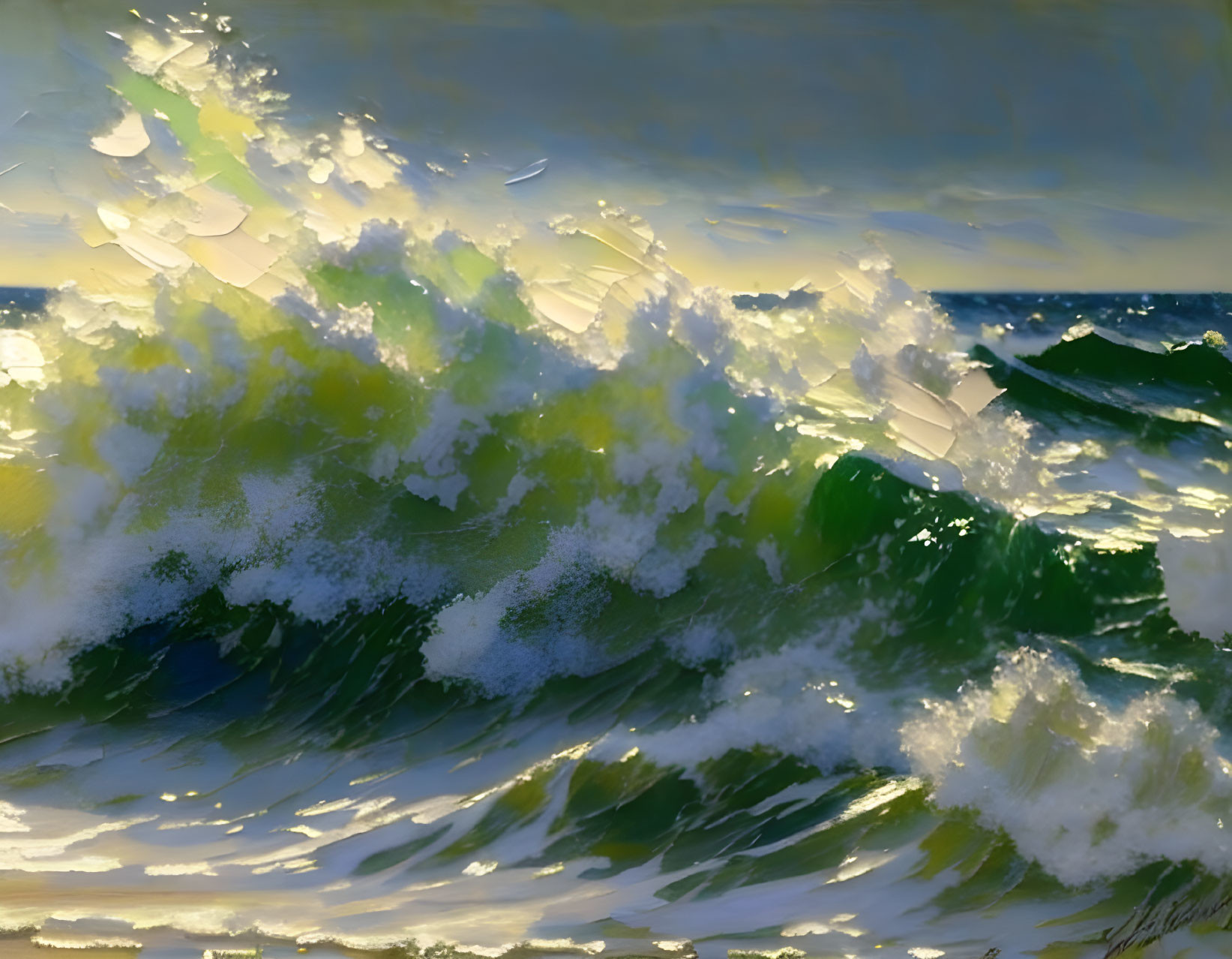 Dynamic Sea Waves Under Golden Sunset Sky Artwork