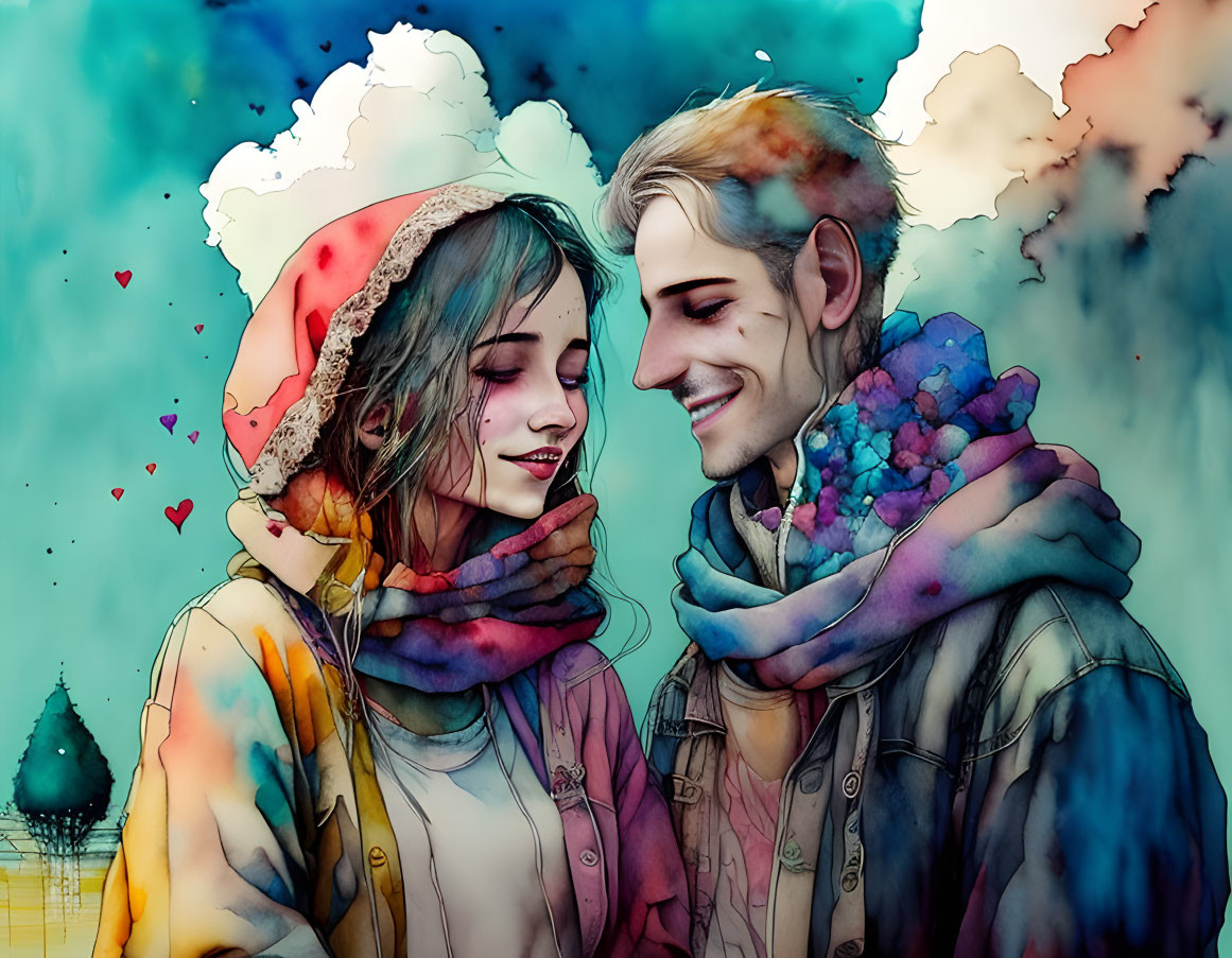 Colorful Winter Couple Smiling with Hearts on Cloudy Background