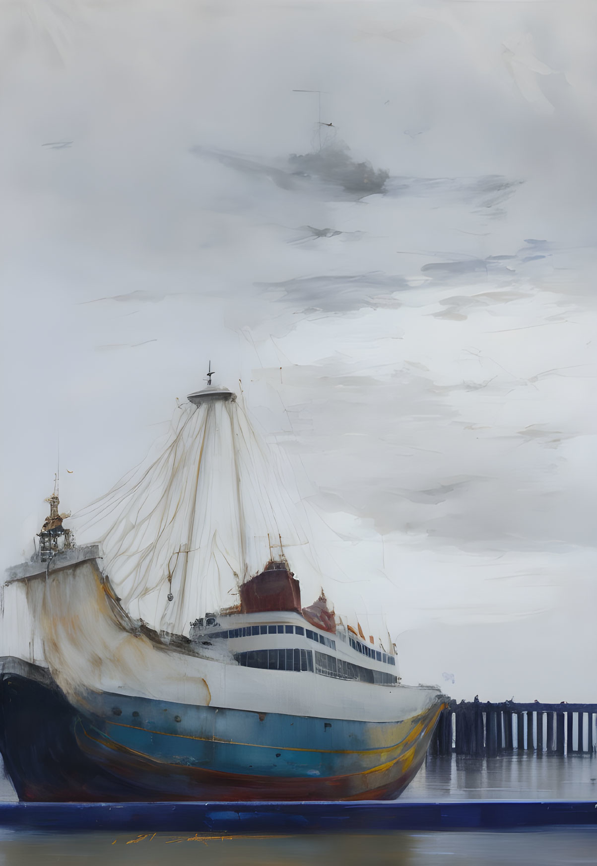 Weathered blue and white ship at dock under cloudy sky