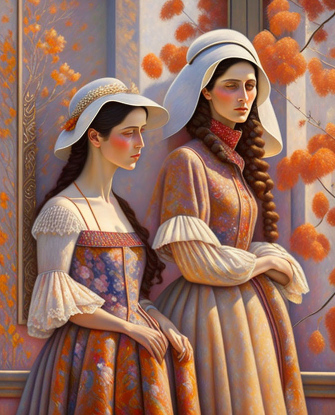 Two women in historical dresses with white bonnets standing among autumnal trees.