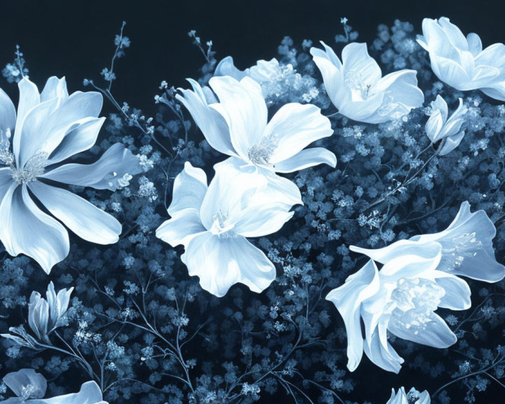 Monochromatic blooming flowers with delicate petals on a dark background