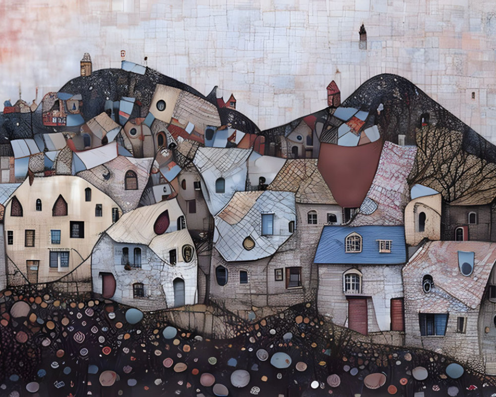 Whimsical town illustration with stylized houses and flying quill