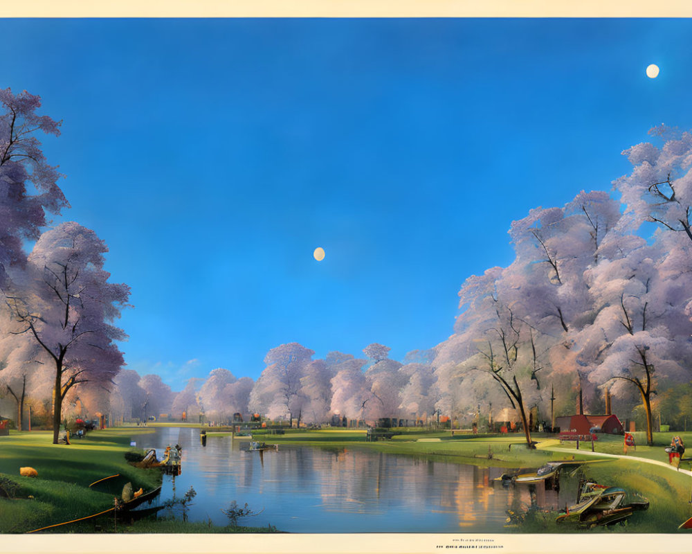 Tranquil river landscape with cherry blossom trees and moon