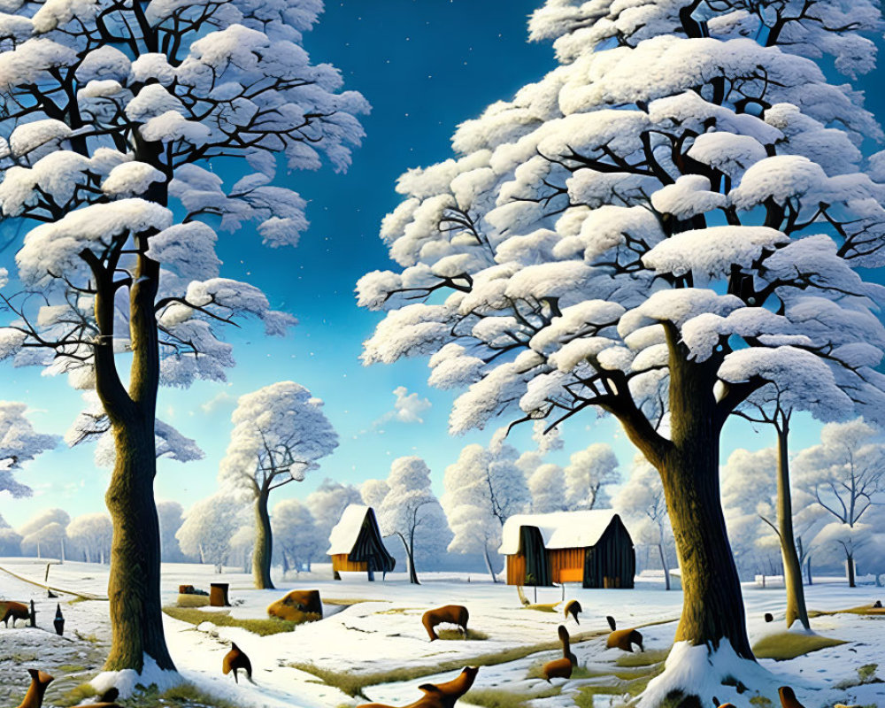 Snow-covered trees, moonlit sky, houses, deer, and orange mushrooms in winter night scene