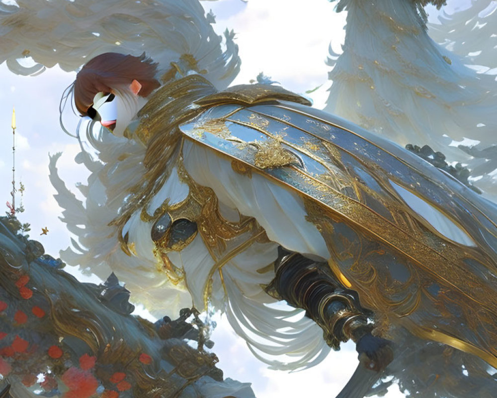 Ethereal winged figure in gold and blue overlooking red blossoms