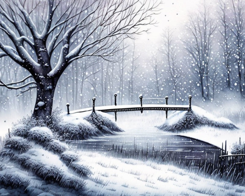 Snow-covered winter landscape with wooden bridge over frozen creek