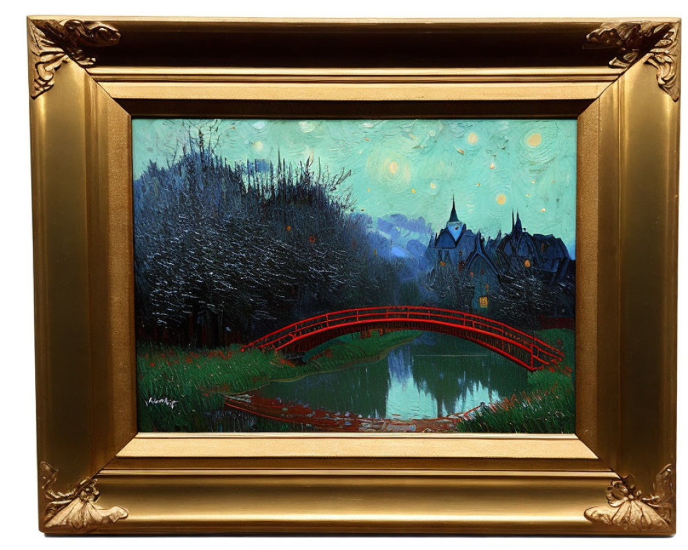 Gilded frame with red bridge painting on tranquil river and snowy trees