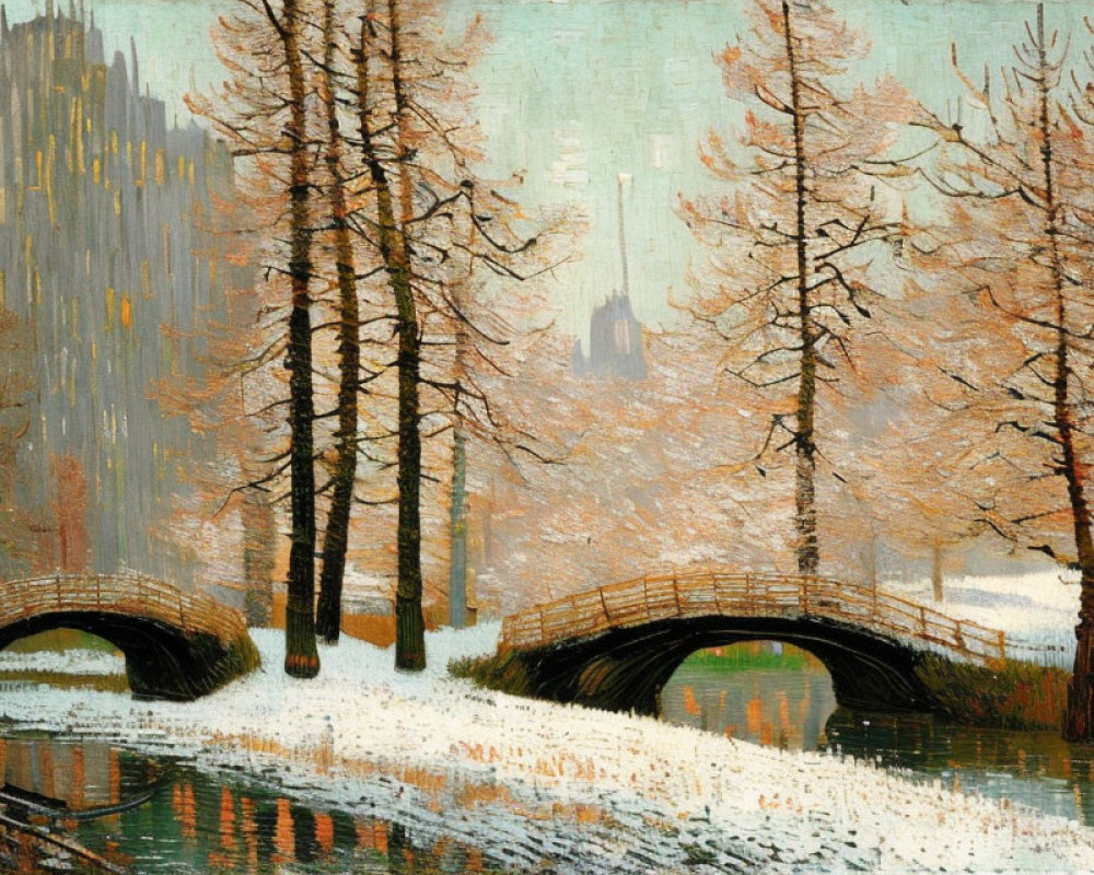 Scenic painting of snowy park with bare trees and bridge