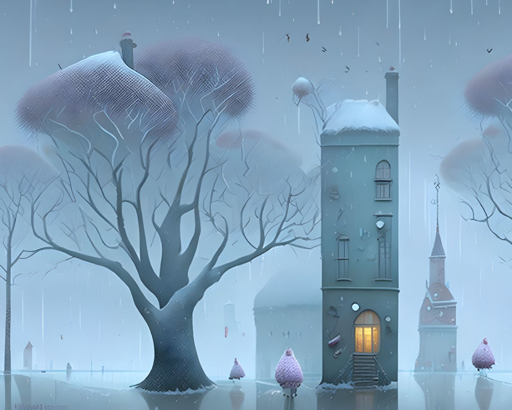 Winter scene with tree, cozy house, creatures in cloaks.