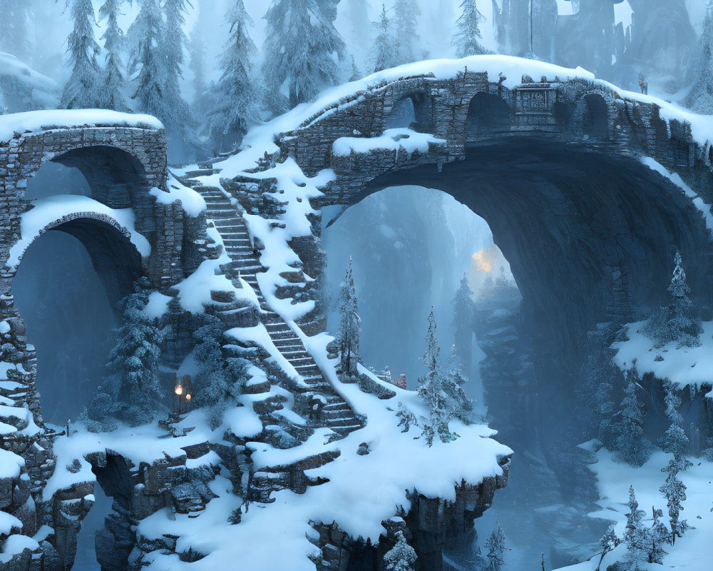 Snow-covered stone bridge over chasm with pillars and trees under blue light