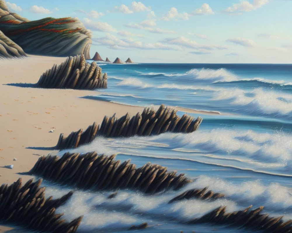 Tranquil beach scene with gentle waves, sandy shore, and unique rock formations