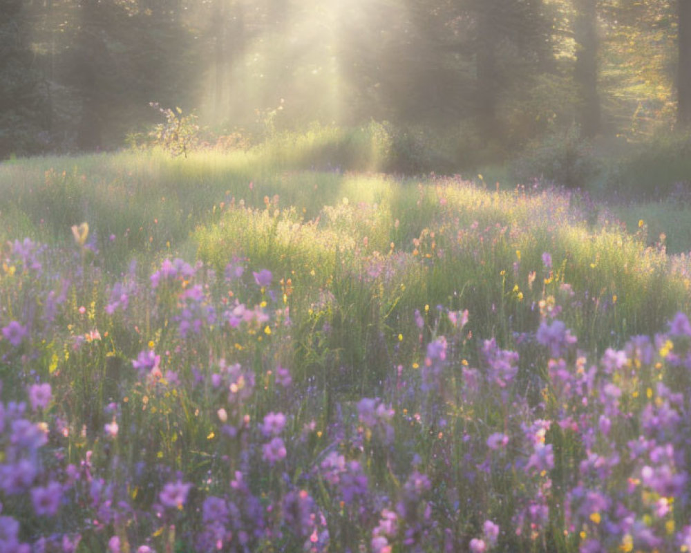 Sunlight on Purple Wildflowers in Forest Clearing