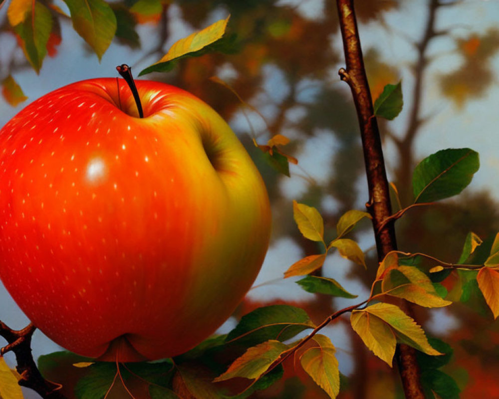 Vibrant red apple on thin branch with autumn leaves in background