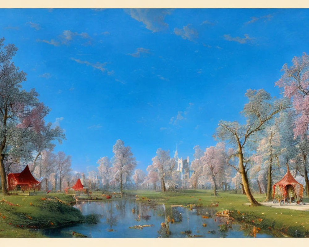 Tranquil landscape with blossoming trees, lake, castle, and leisure activities