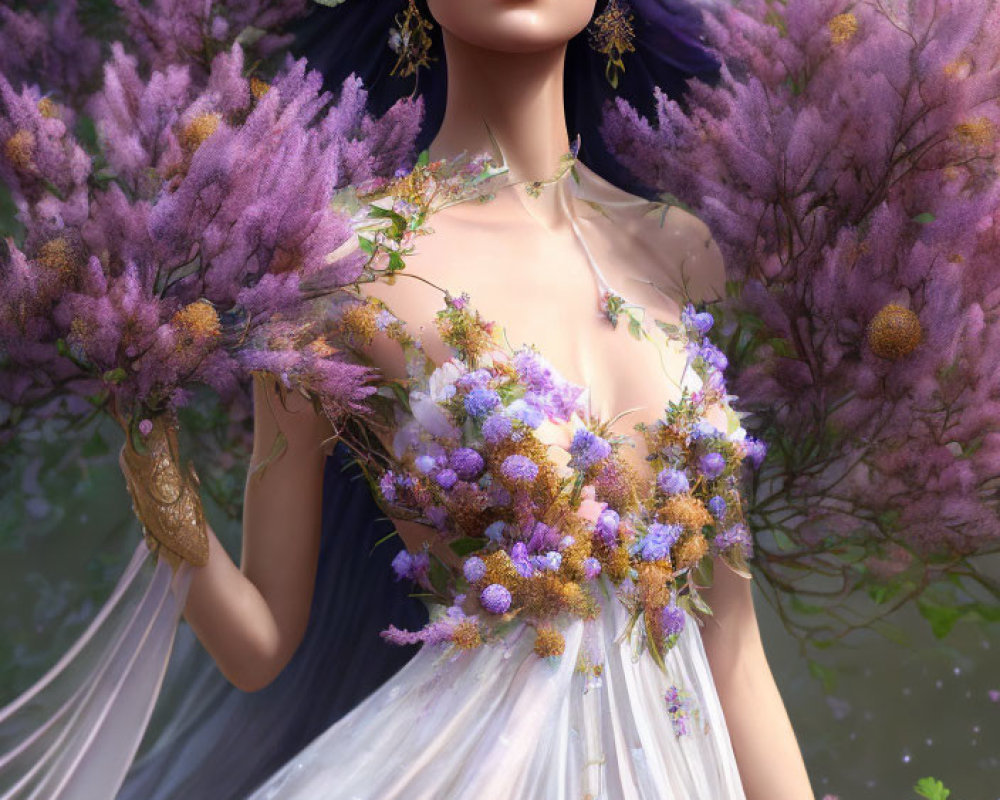 Digital Artwork: Woman in Floral Dress with Purple Foliage