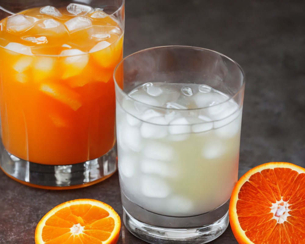 Refreshing orange juice and clear juice with ice, accompanied by sliced oranges on a dark surface