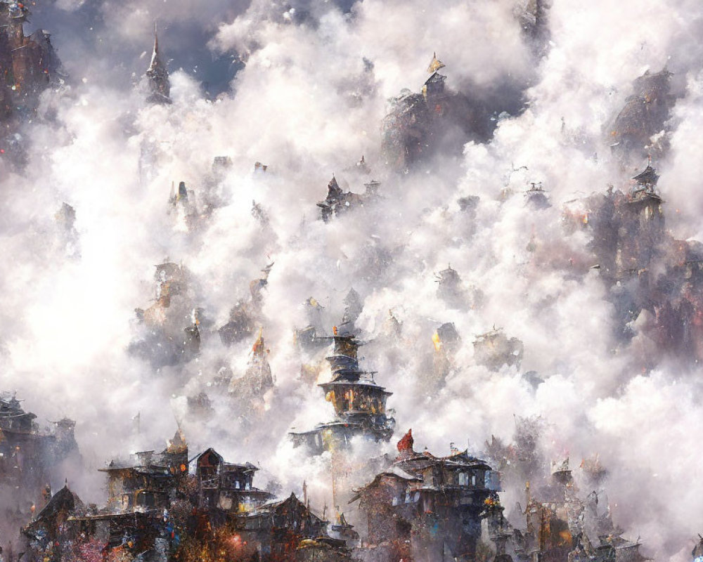 Mystical Cityscape with Ornate Buildings and Clouds