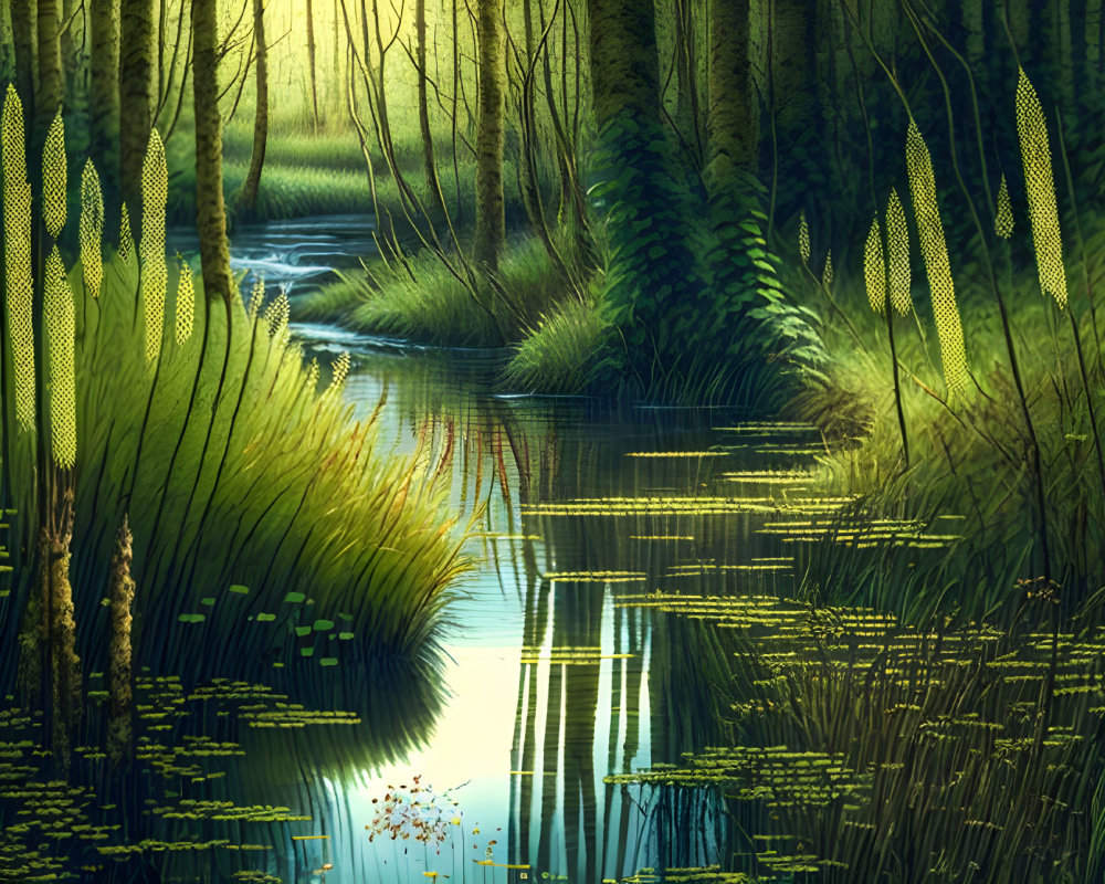 Tranquil Forest River Landscape with Tall Grasses and Golden Sunlight