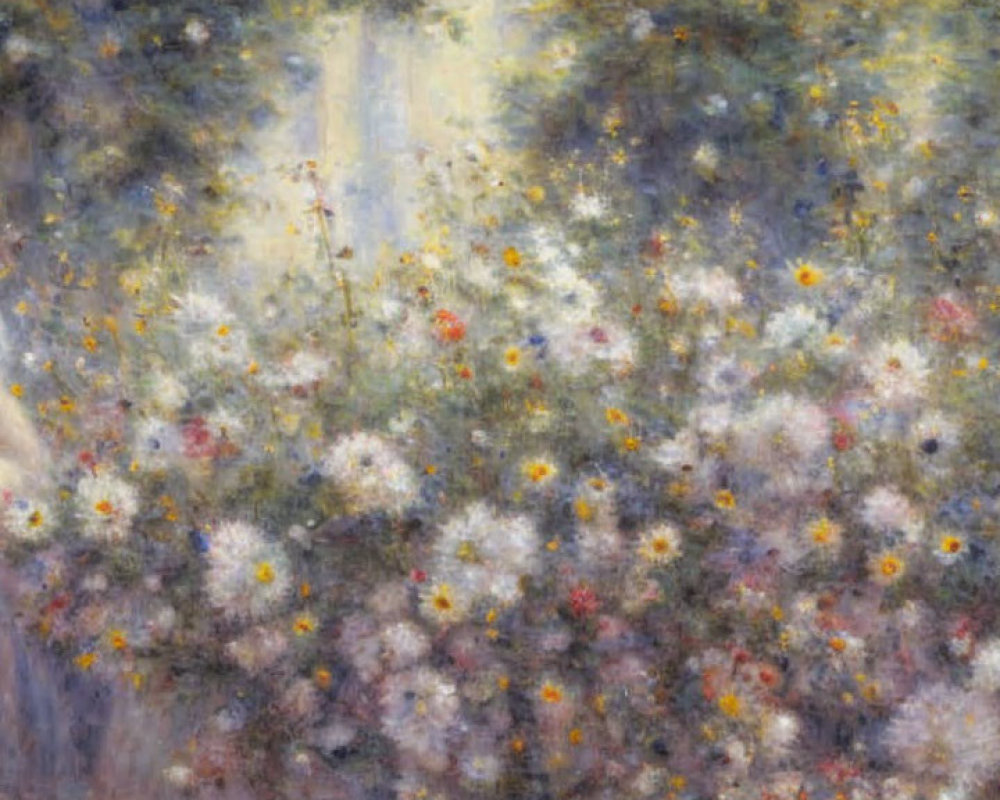 Impressionist painting: Woman surrounded by colorful flowers in dreamlike garden.