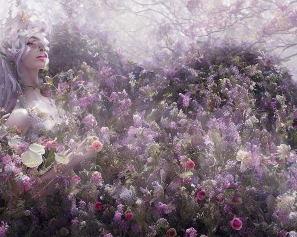 Fairy-like figure in misty garden surrounded by purple and pink flowers