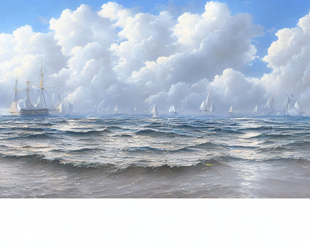 Sailboats racing on choppy sea under billowing clouds