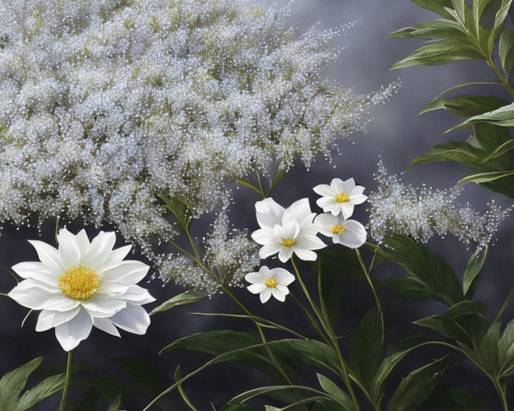 Detailed painting of white flowers and green foliage on textured gray background